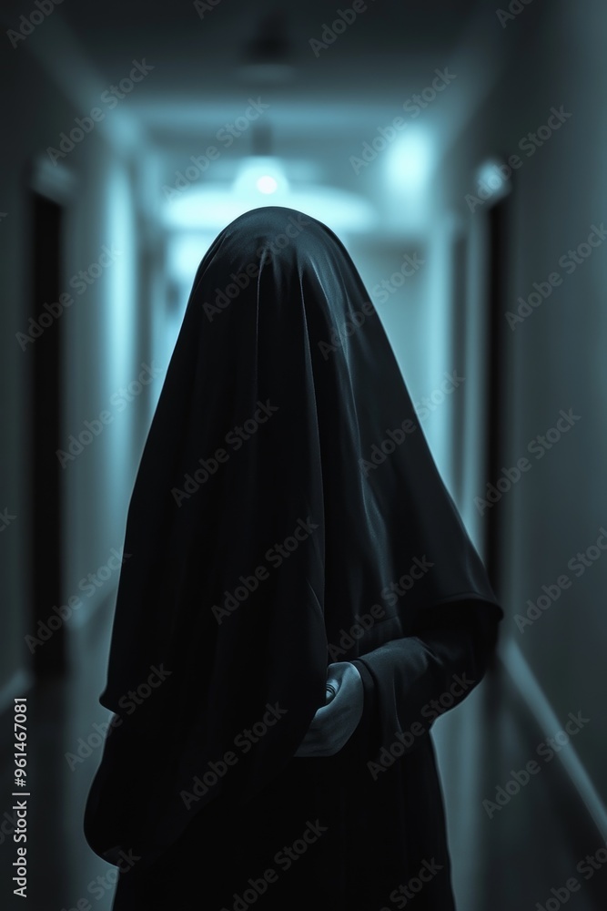 A nun in a black robe possessed by a demon. Eerie atmosphere A nun in a black robe possessed by a demon. Eerie atmosphere