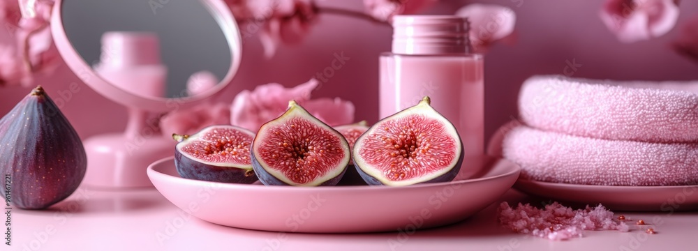A beauty routine setup showcases figs, skincare items, and soft towels arranged in soft pink tones A beauty routine setup showcases figs, skincare items, and soft towels arranged in soft pink tones
