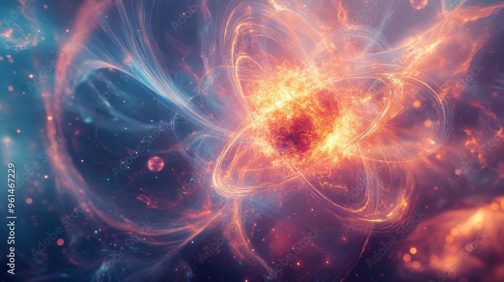 Fusion of atomic particles during fission, showcasing energy dynamics and particle interactions Fusion of atomic particles during fission, showcasing energy dynamics and particle interactions