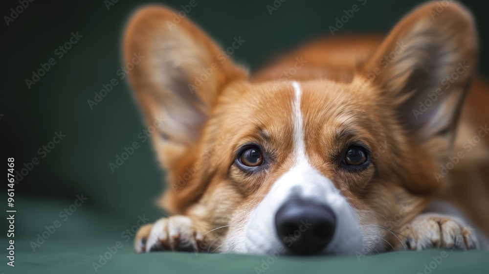 A small brown-and-white dog lies on a green bed against a black wall in a room A small brown-and-white dog lies on a green bed against a black wall in a room