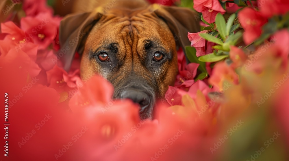 Obraz premium A tight shot of a dog gazing at the camera with wide-open eyes in a flowery bed