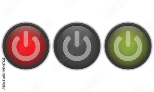 Power button in active, inactive and stanby state. Set of shiny power buttons isolated on white background