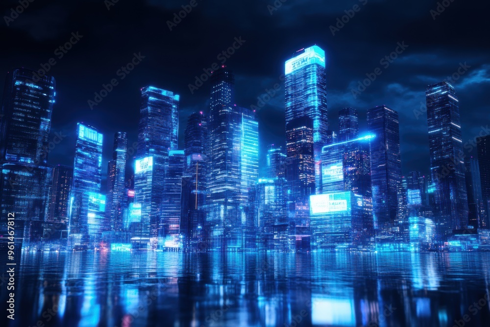 Obraz premium A futuristic city skyline illuminated by glowing holographic advertisements, showcasing advanced technology and vibrant neon lights