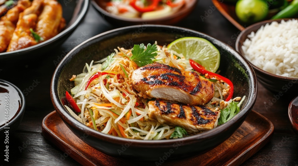 Authentic Thai meal featuring a bowl of spicy green papaya salad with lime dressing, accompanied by tender grilled chicken and sticky rice. Authentic Thai meal featuring a bowl of spicy green papaya salad with lime dressing, accompanied by tender grilled chicken and sticky rice.