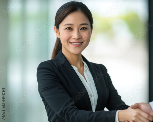 Asian woman in formal business attire, shaking hands with a colleague, partnership and collaboration