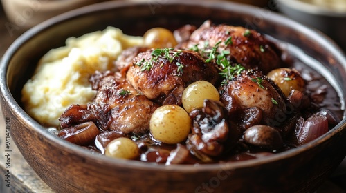 Stewed chicken with potatoes and sauce in earthenware