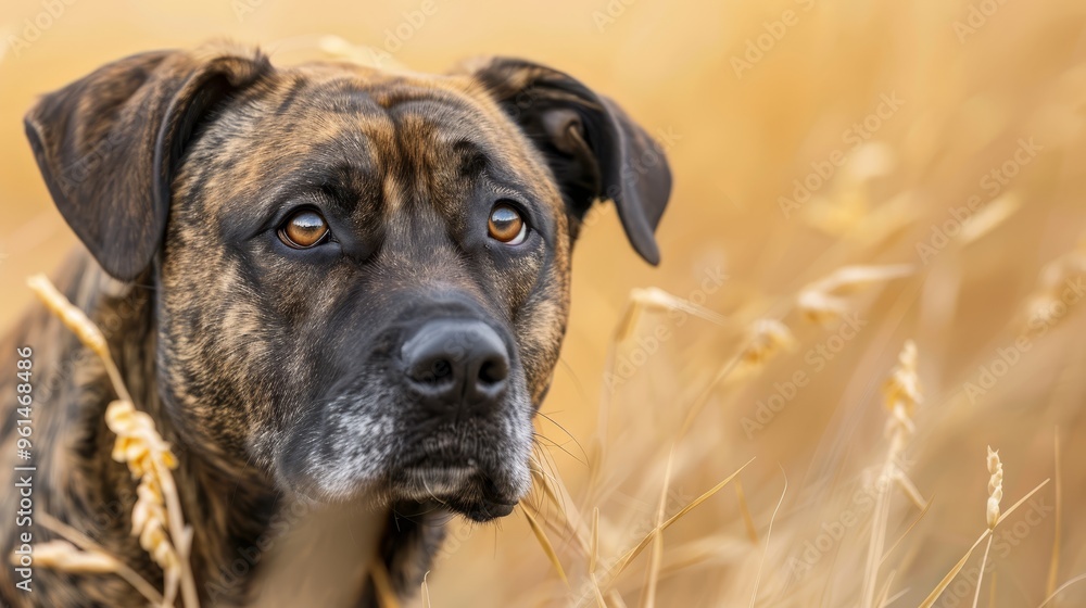 A sad-looking dog in close-up, surrounded by tall grass in a field, gazes directly at the camera A sad-looking dog in close-up, surrounded by tall grass in a field, gazes directly at the camera