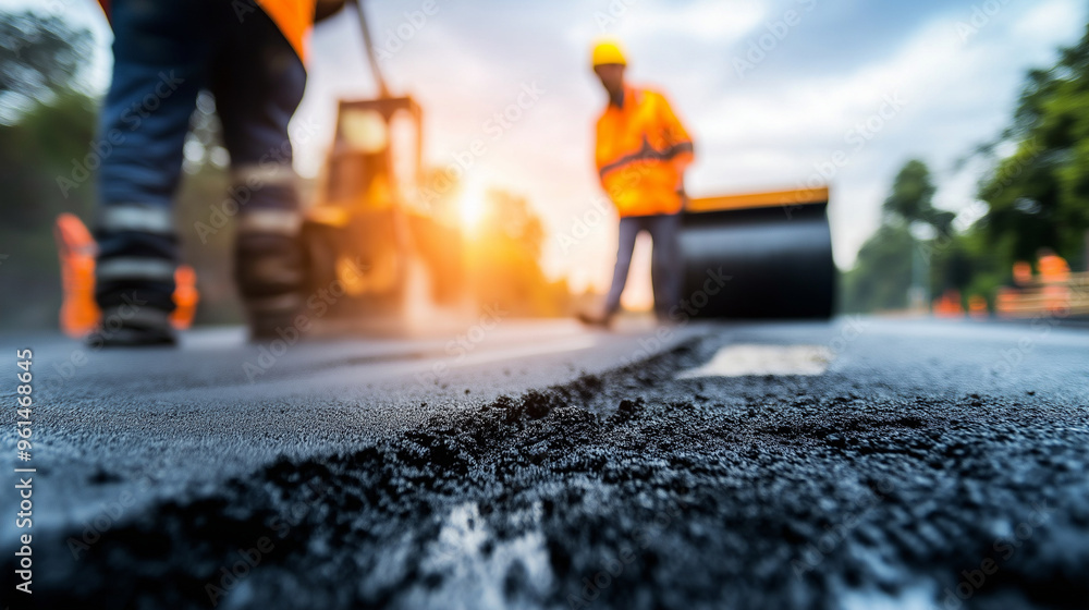 Detailed view of hot asphalt being poured onto a road surface, with a steamroller ready in the background. Detailed view of hot asphalt being poured onto a road surface, with a steamroller ready in the background.