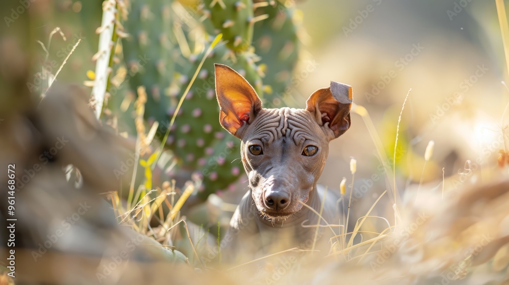 A tight shot of a little dog in a field of grass Behind it, a cactus stands out A tight shot of a little dog in a field of grass Behind it, a cactus stands out