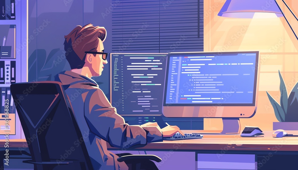 Software developer debugging code, focused expression, flat design illustration Software developer debugging code, focused expression, flat design illustration