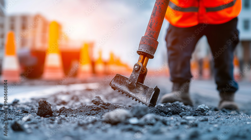 Close-up of a jackhammer breaking up old concrete, with safety barriers and road repair equipment in the background. Close-up of a jackhammer breaking up old concrete, with safety barriers and road repair equipment in the background.