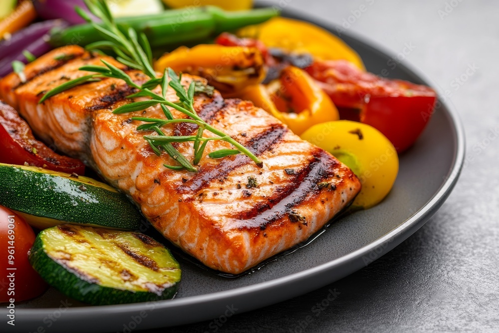 Succulent grilled salmon fillet served with a variety of gardenfresh vegetables on a gray plate Succulent grilled salmon fillet served with a variety of gardenfresh vegetables on a gray plate