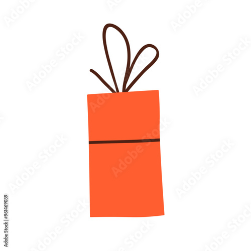 Gift box with bow string. Birthday present in festive paper wrapping. Holiday surprise in simple doodle style. Vertical giftbox icon. Flat graphic vector illustration isolated on white background