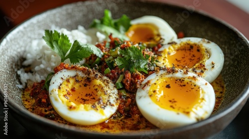 Egg hopper served with spicy lunu miris and coconut sambol in Sri Lanka. Copy space available. photo