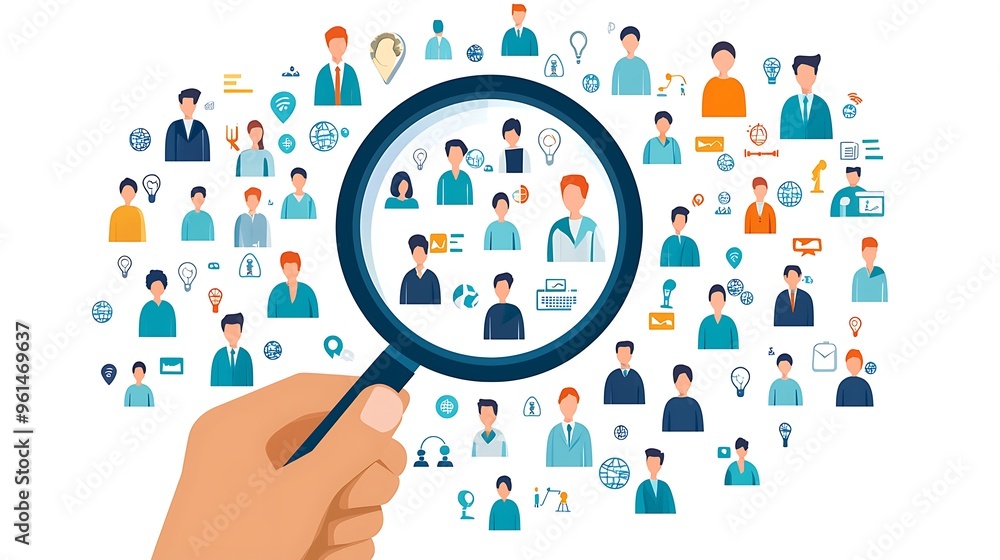 A hand holds a magnifying glass over a cluster of people icons, emphasizing the search for a standout. A hand holds a magnifying glass over a cluster of people icons, emphasizing the search for a standout.