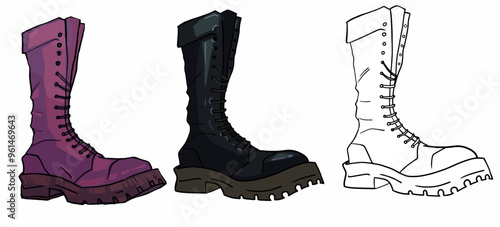 Set military ankle boots 3 drawing shoe options black, pink and line art. Coloring line gothic clothing accessory. Rough grunge boot fashion illustration detailed image