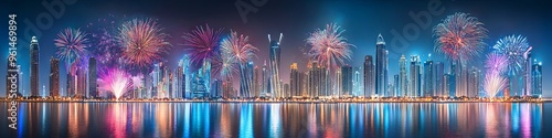 Dubai Skyline with Fireworks at Night