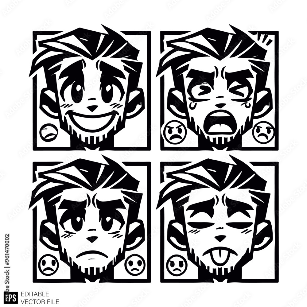 set of expression cartoon boy face illustration raphic design black and white vector clip art silhouette set of expression cartoon boy face illustration raphic design black and white vector clip art silhouette