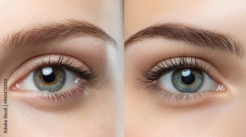 Fototapeta premium Before and after shot of eyebrow grooming, showcasing the transformation from natural to perfectly shaped brows.