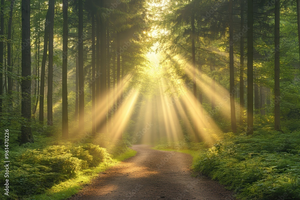 Fototapeta premium Radiant golden hour sunbeams illuminating a quiet forest path, nature's glowtime, peaceful and inspiring landscape.