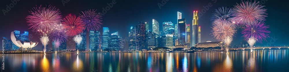 Obraz premium Singapore Skyline with Fireworks Display at Night