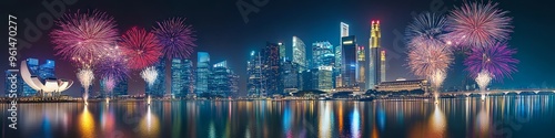 Singapore Skyline with Fireworks Display at Night