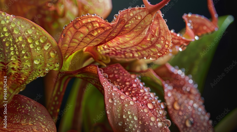 A tight shot of a plant, leaves dotted with water droplets, and a verdant plant in the backdrop A tight shot of a plant, leaves dotted with water droplets, and a verdant plant in the backdrop