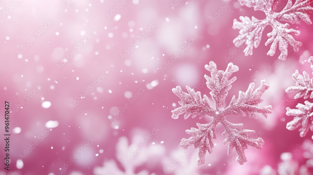 Detailed pink snowflake in focus, resting on a snowy surface. The background features soft, pastel bokeh lights, adding a magical touch to the scene Detailed pink snowflake in focus, resting on a snowy surface. The background features soft, pastel bokeh lights, adding a magical touch to the scene