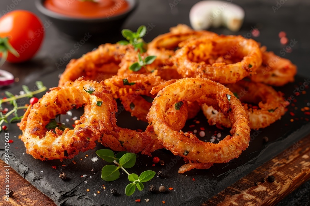 Crispy Golden Fried Onion Rings Garnished with Fresh Herbs on Rustic Black Slate Platter. Crispy Golden Fried Onion Rings Garnished with Fresh Herbs on Rustic Black Slate Platter.