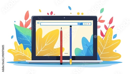 Tablet with stylus, creative drawing, flat design illustration