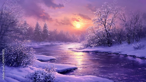 Winter Sunset Over a Frozen River