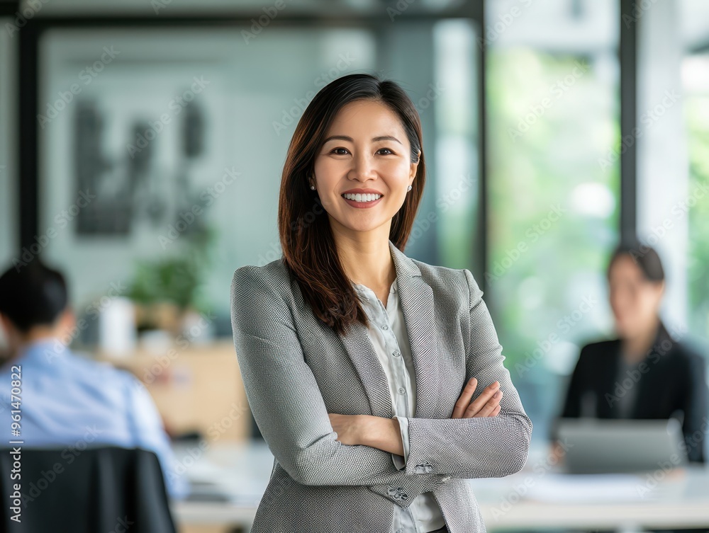 Obraz premium Confident Asian woman leading a business meeting, modern office setting, collaborative work environment