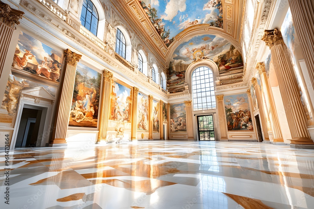 Interior of a Grand Hall with Ornate Ceiling and Marble Floor. Interior of a Grand Hall with Ornate Ceiling and Marble Floor.