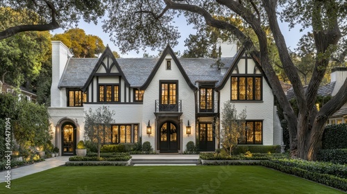 Modern Tudor Style Home with Gated Entrance and Green Lawn