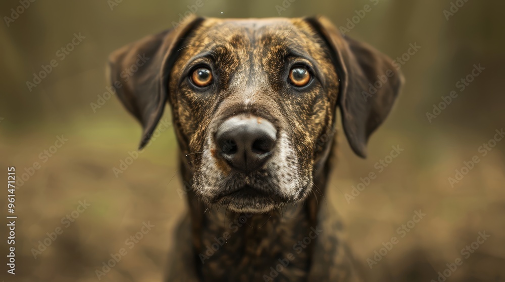 A dog's face, in sharp focus, surrounded by a softly blurred backdrop of grass and trees A dog's face, in sharp focus, surrounded by a softly blurred backdrop of grass and trees