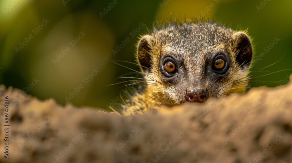 Fototapeta premium A tight shot of a small animal poking its head from a hole in the earth amidst tree-studded backdrop