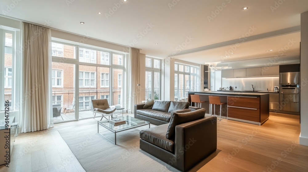 Bright and modern open-plan apartment with natural light flooding through large windows, highlighting a spacious living area and kitchen. Bright and modern open-plan apartment with natural light flooding through large windows, highlighting a spacious living area and kitchen.