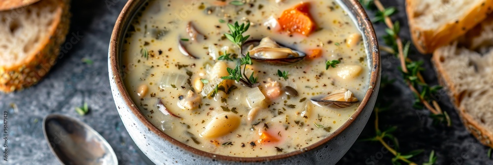 Close-Up of Creamy Clam Chowder Soup with Mussels, Potatoes, and Fresh Thyme in Rustic Bowl Close-Up of Creamy Clam Chowder Soup with Mussels, Potatoes, and Fresh Thyme in Rustic Bowl