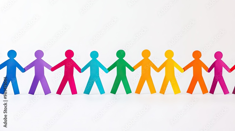 A line of paper human figures in various colors holding hands, representing the idea of inclusivity and togetherness in a diverse society. The image is bright and inclusive. A line of paper human figures in various colors holding hands, representing the idea of inclusivity and togetherness in a diverse society. The image is bright and inclusive.