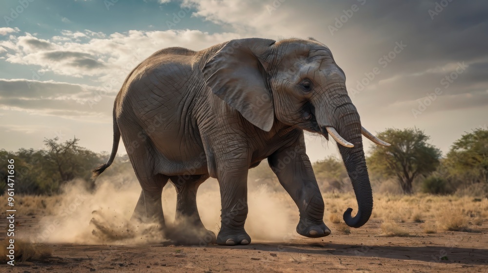 Fototapeta premium Upset elephant in motion