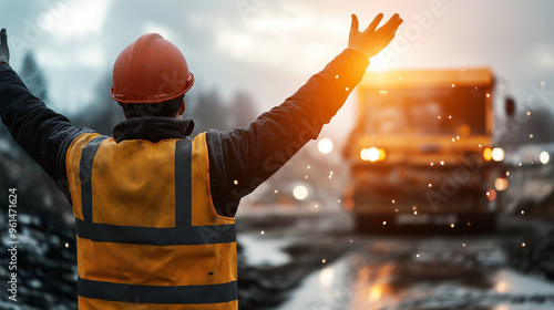 Back view of a road repairman, arms raised to guide a truck backing up toward a road repair site.