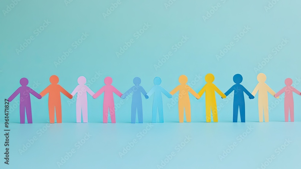 A line of paper human figures in various colors holding hands, representing the idea of inclusivity and togetherness in a diverse society. The image is bright and inclusive. A line of paper human figures in various colors holding hands, representing the idea of inclusivity and togetherness in a diverse society. The image is bright and inclusive.