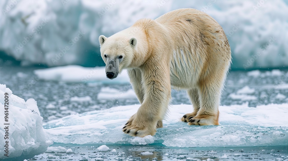 A polar bear atop an ice float in the heart of a water expanse, surrounded by towering iceberg backdrop A polar bear atop an ice float in the heart of a water expanse, surrounded by towering iceberg backdrop