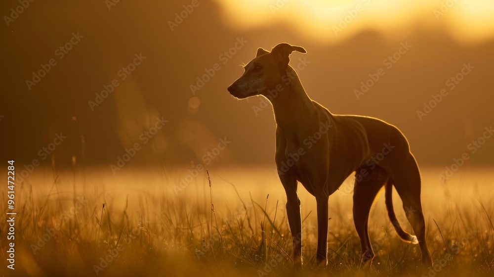 A dog stands in a green field as the sun sets, casting long shadows behind it The grass in the foreground glows softly under the golden light A dog stands in a green field as the sun sets, casting long shadows behind it The grass in the foreground glows softly under the golden light