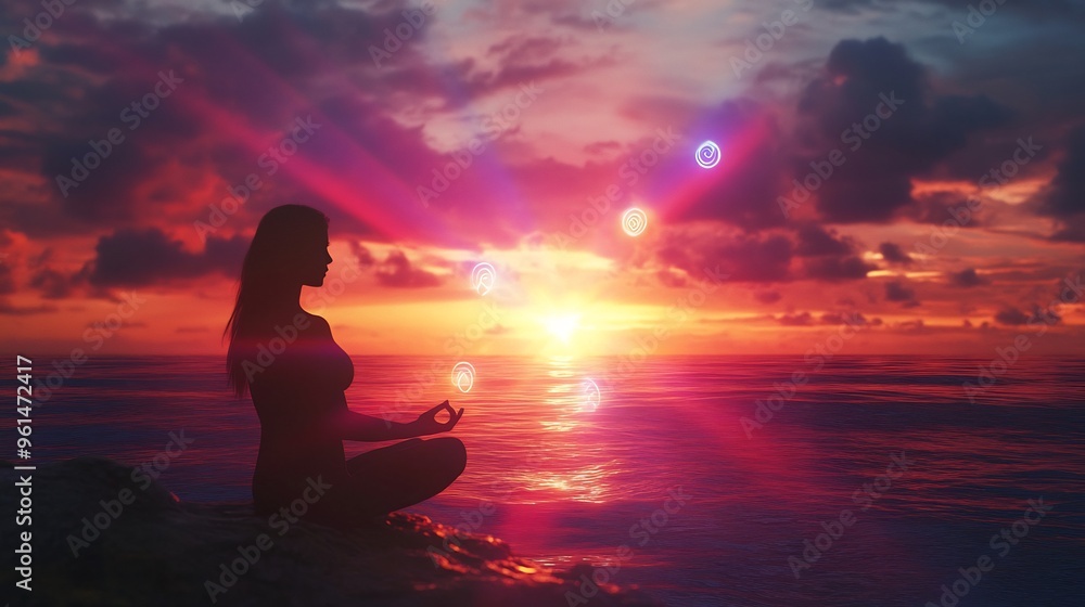 Silhouette of a Woman Meditating at Sunset Silhouette of a Woman Meditating at Sunset