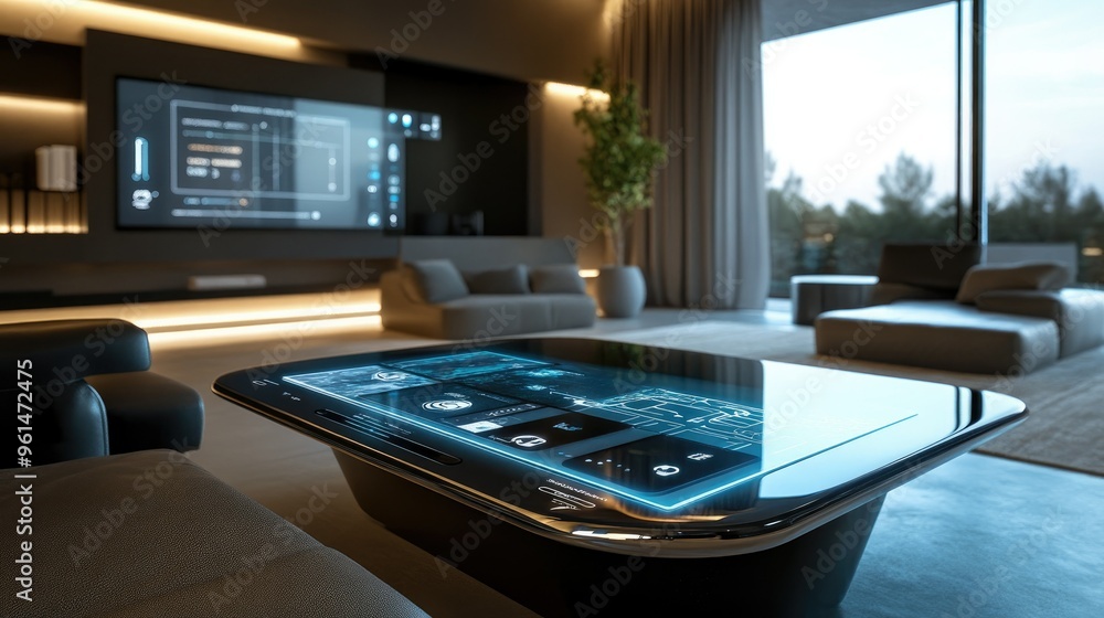 A sleek glass table with integrated digital display and controls for smart home automation, placed in a contemporary living room A sleek glass table with integrated digital display and controls for smart home automation, placed in a contemporary living room