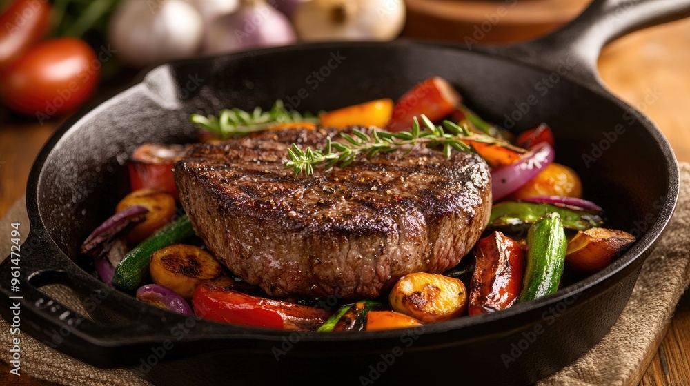 Cast iron skillet with a perfectly seared steak and vegetables, highlighting its even cooking and rich, rustic appeal in a cozy kitchen setting Cast iron skillet with a perfectly seared steak and vegetables, highlighting its even cooking and rich, rustic appeal in a cozy kitchen setting