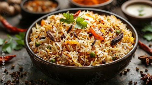 A bowl of delicious Indian biryani rice, fragrant with spices and herbs, captures the essence of traditional cuisine.