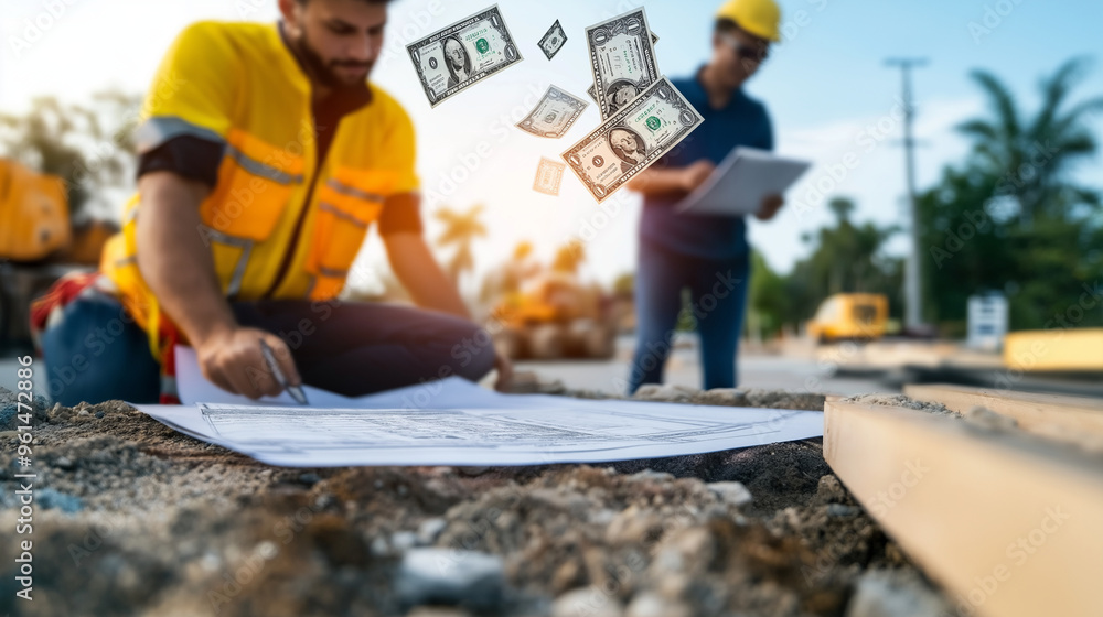 An architect and builder review blueprints on a construction site with road repairs in the background. Dollar symbols float above, representing the financial planning required for An architect and builder review blueprints on a construction site with road repairs in the background. Dollar symbols float above, representing the financial planning required for