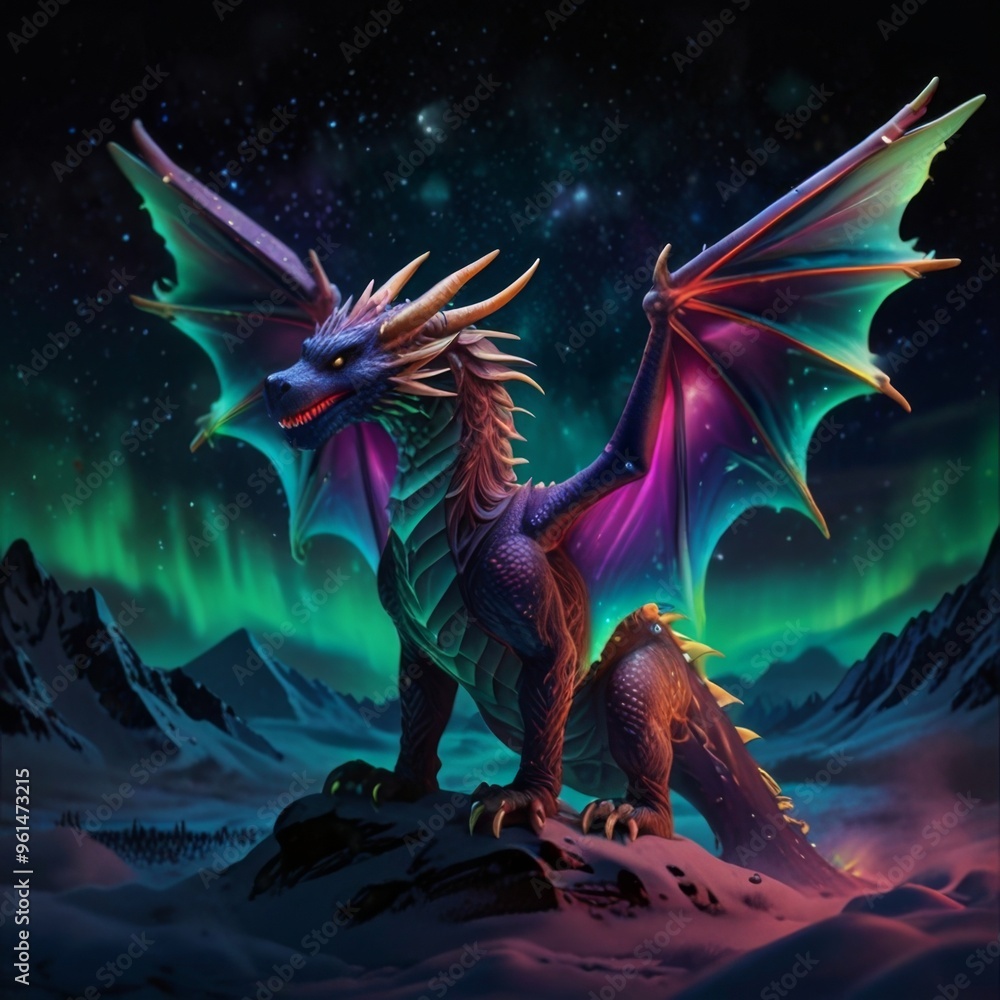 Naklejka premium a dragon with a dragon on it's face and the aurora in the background.